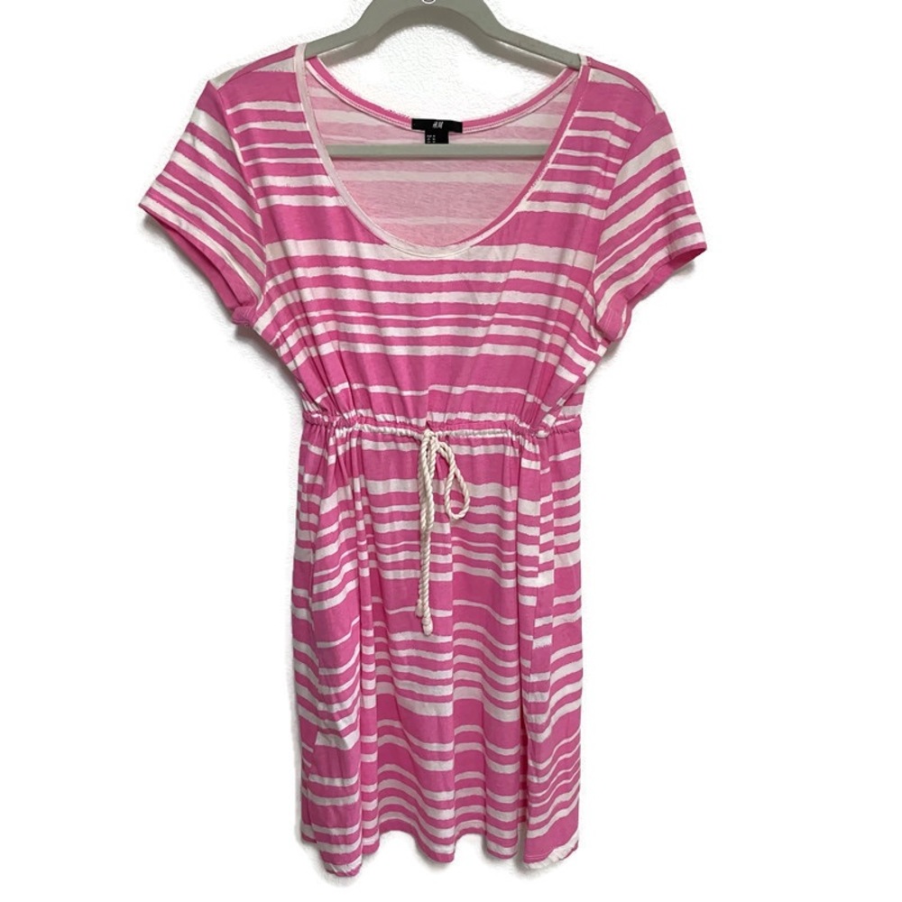 H&M Women's Pink & White Striped Drawcord Waist Dress Size Medium